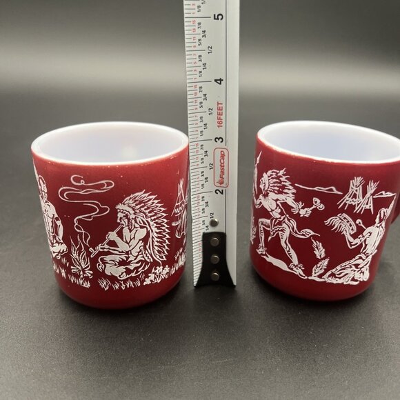 VTG Pair Of Hazel Atlas Western Childs Dark Red Milk Glass Mugs Native American - Picture 2 of 14
